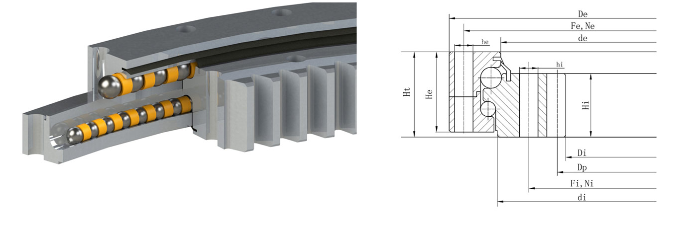 Paramètres de modèle du roulement d'orientation à billes à double rangée de diamètres différents de type à engrenage intérieur